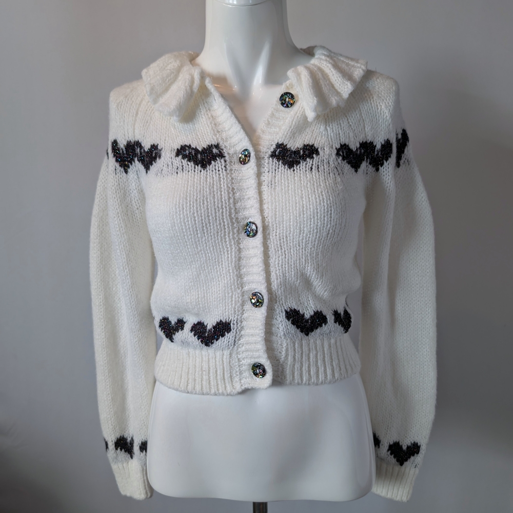 Kimchi Blue Marabell Icon Ruffle Sweater Cardigan Metallic Hearts Size Small